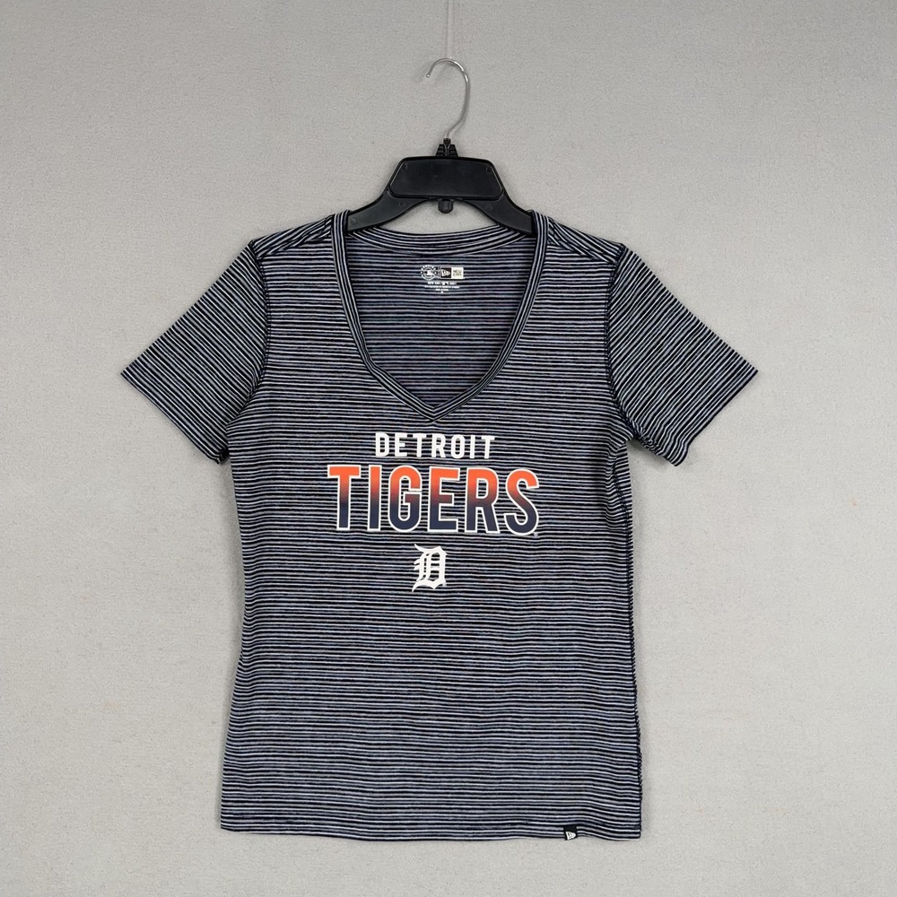 Detroit Tigers Shirt Womens Medium Blue Striped V Neck MLB Baseball New Era